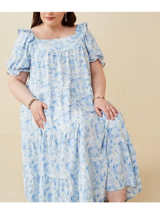 Hayden Los Angeles Dresses & Skirts - Hayden Blue Floral Dress Midi Ruffle Puffy Balloon Sleeve Watercolor Pocket 2XL